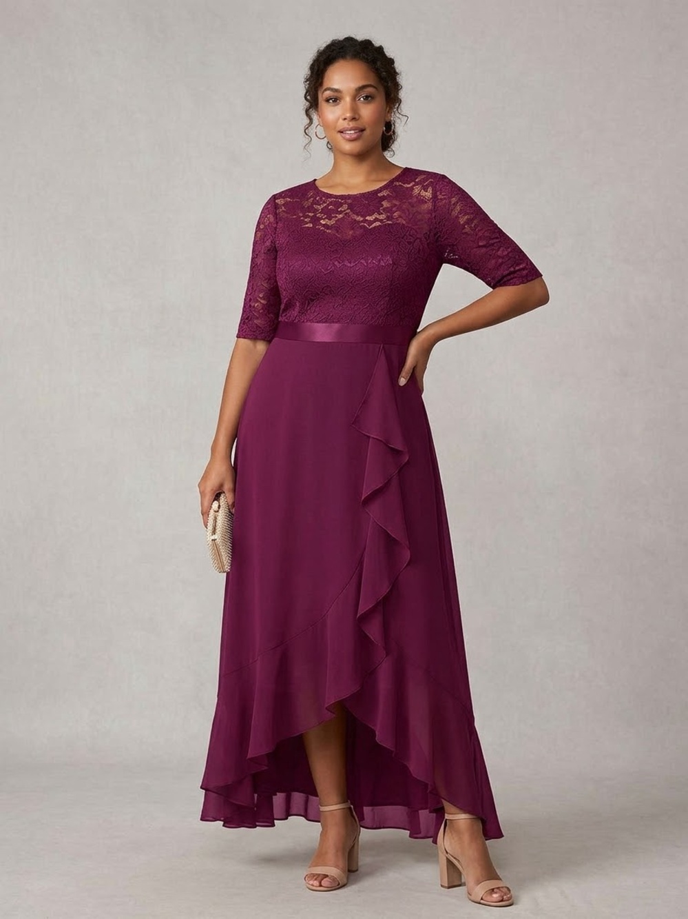 Miusol Deep Plum Lace Bodice High-Low Ruffle Dress